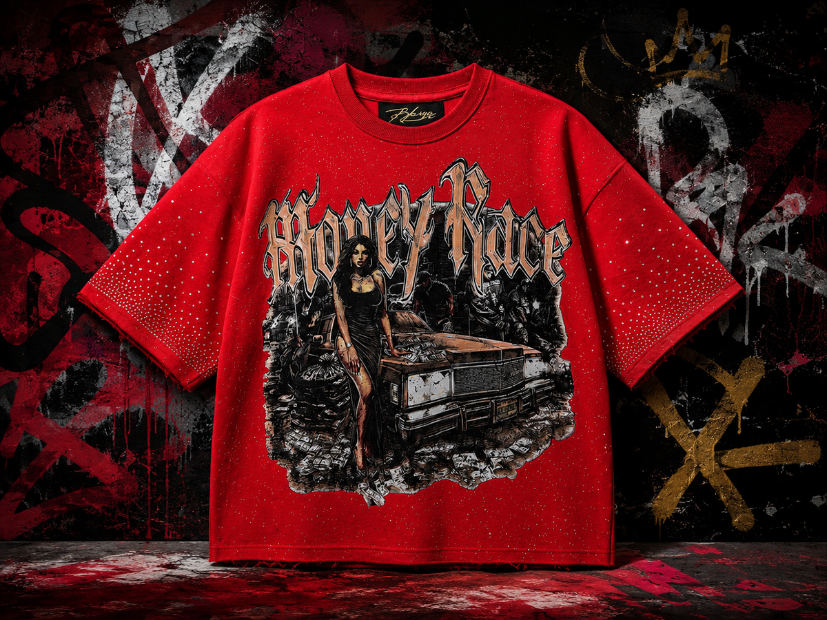 Money Race Rhinestone Graphic Tee – Red