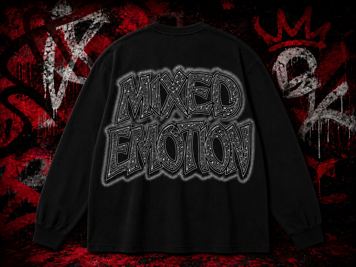 Mixed Emotion Rhinestone Graphic Long Sleeve Tee– Black
